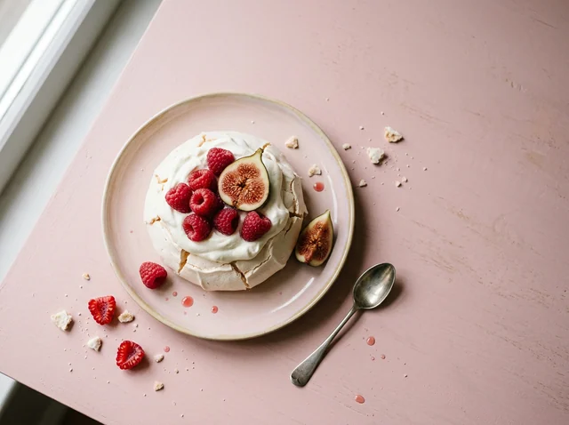 Pavlova de framboesa e figos cortados