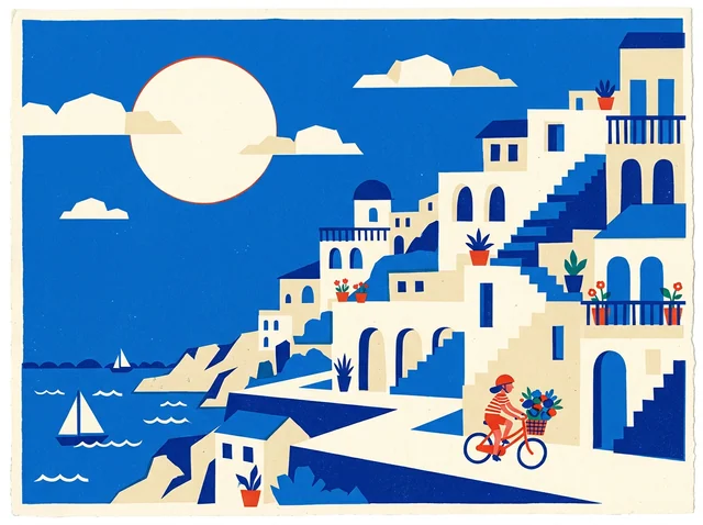 Ilustração de ciclista em uma vila costeira imaginária