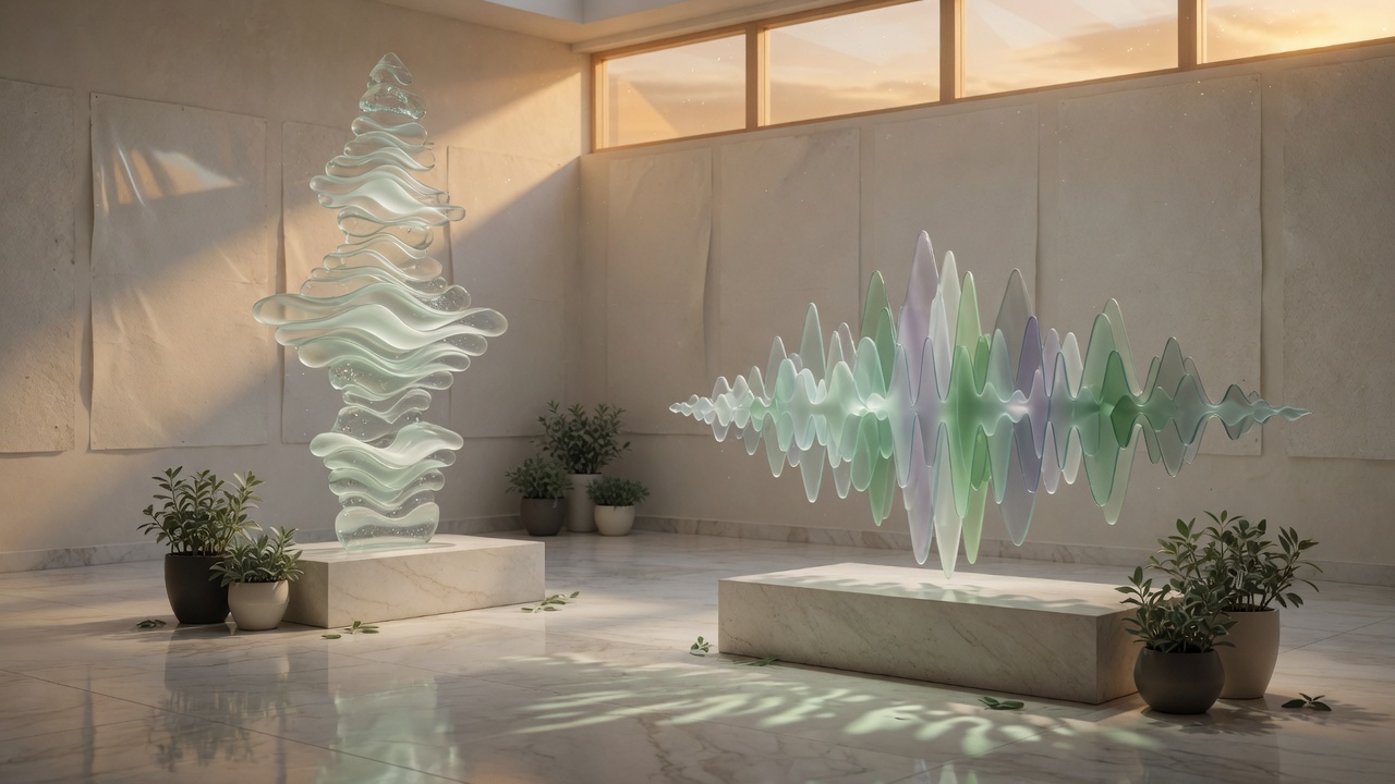 Esculturas de ondas sonoras de cristal en una sala de exposiciones iluminada por el sol