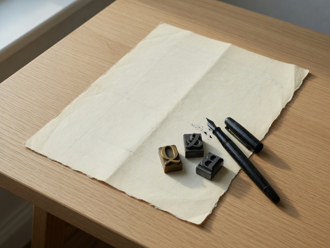 Papel marfil, tipos de imprenta y una pluma estilográfica sobre un escritorio