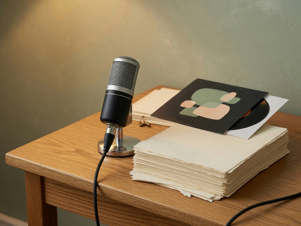 Micrófono de estudio junto a unas hojas y una pequeña carátula de vinilo